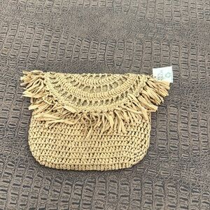 THINK INK Tan Woven Fringe Clutch Bag Eco Friendly Recycled Paper Boho Pouch